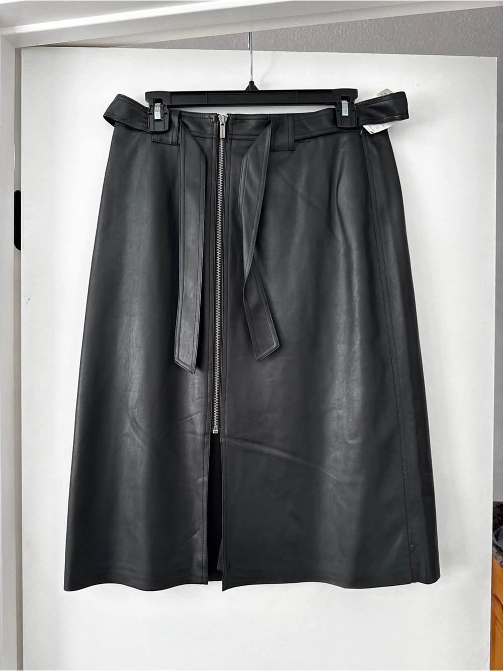 Tahari Black Faux Leather Midi Skirt with Front Zip and Tie Belt